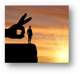 Large silhouette of hand flicking a small person off a ledge.